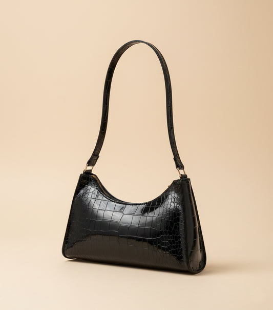 Western style black croc embossed shoulder bag for women by Pinkish