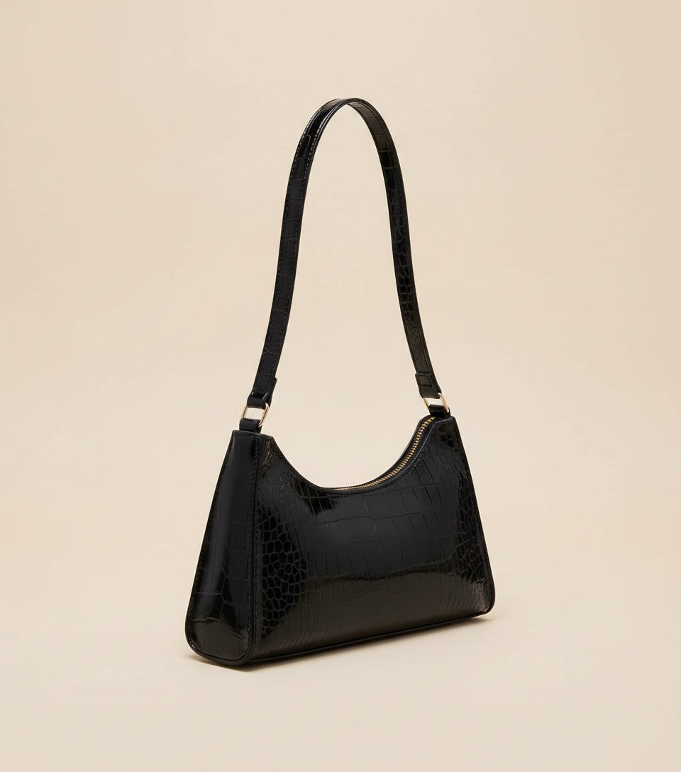 Western style black croc embossed shoulder bag for women by Pinkish